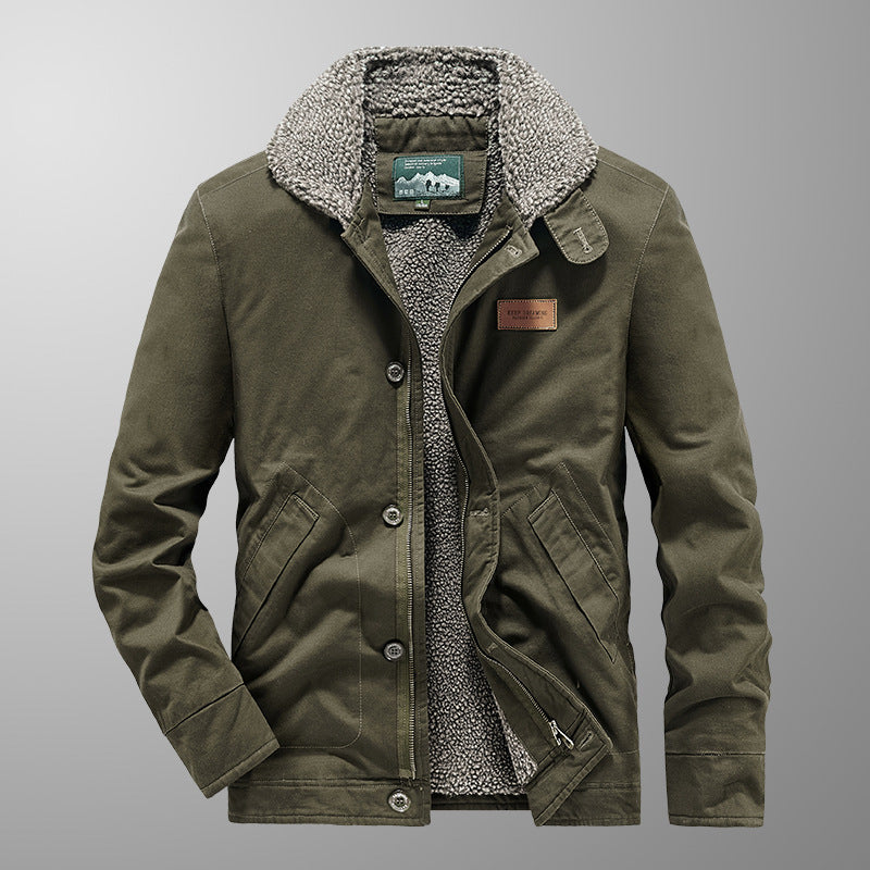 Herren Canvas-Armyblouson mit durchgehendem Teddyfutter, Reißverschluss- und Knopfleiste Drune
