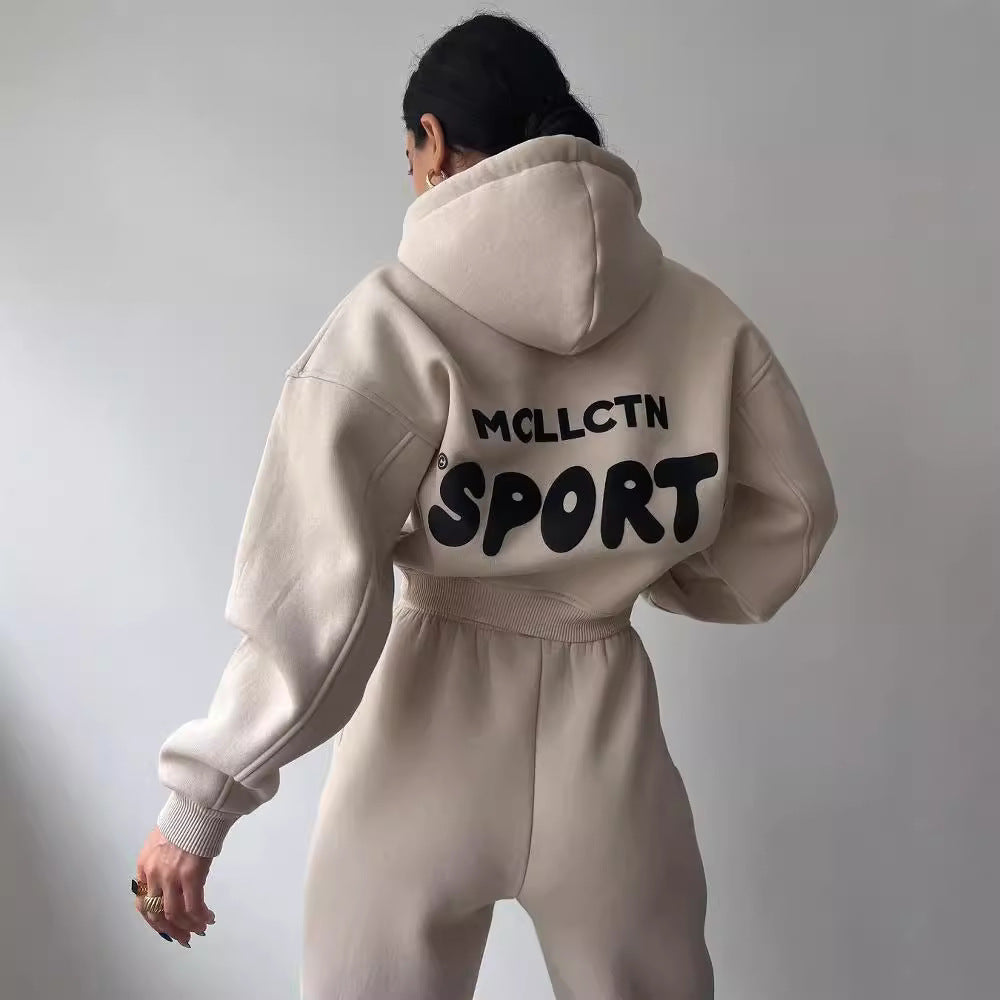 Damen Cropped Kapuzenpullover und High‑Waist Jogginghose Lounge‑Set aus Baumwollfleece Drune