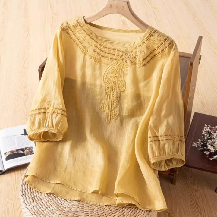 Damen Bestickte Leinenoptik-Bluse mit Rundhalsausschnitt und Dreiviertelärmeln Drune