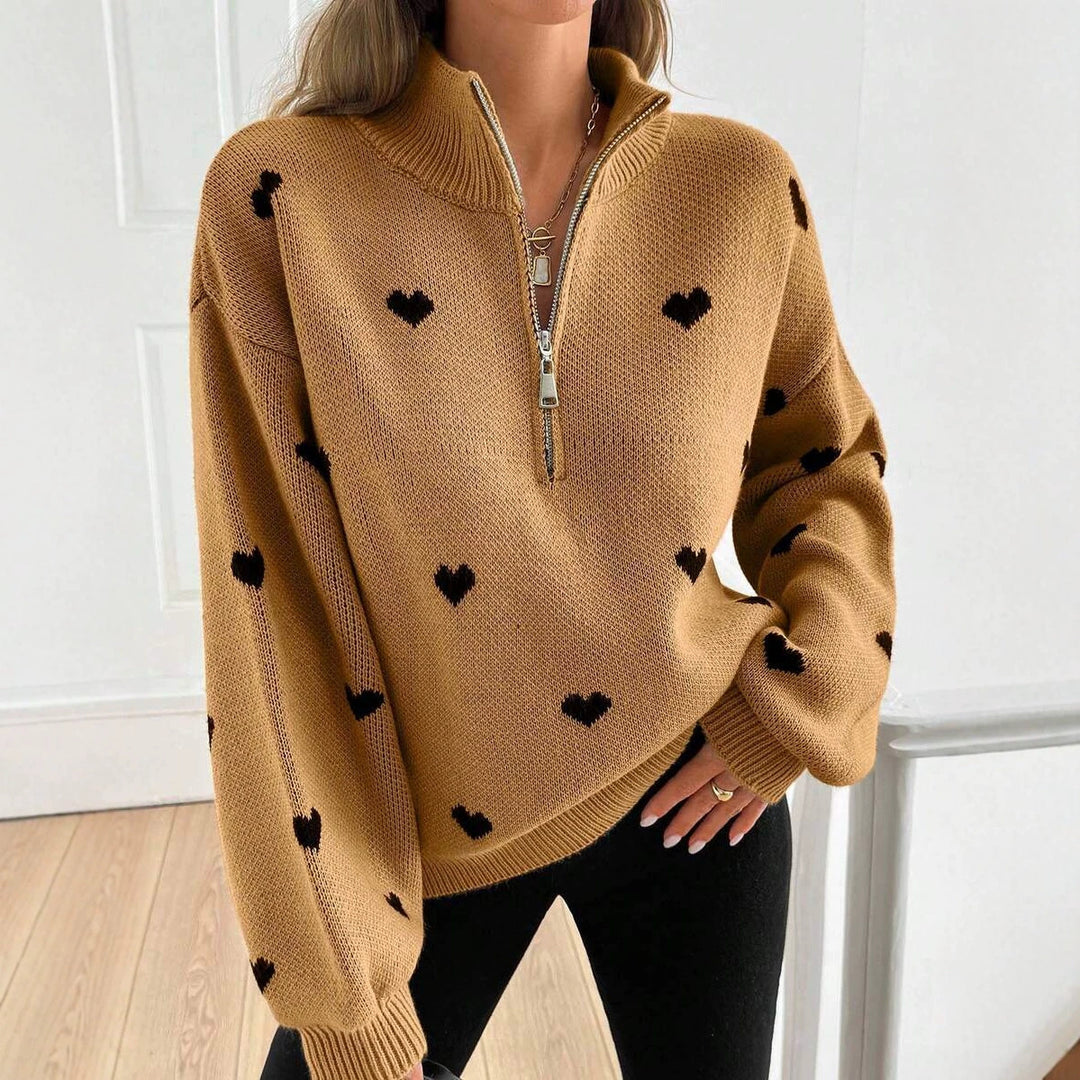 Damen Oversize Strickpullover mit Half-Zip und Herzmotiv Drune