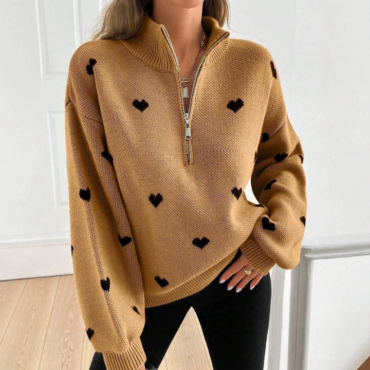 Damen Oversize Strickpullover mit Half-Zip und Herzmotiv Drune