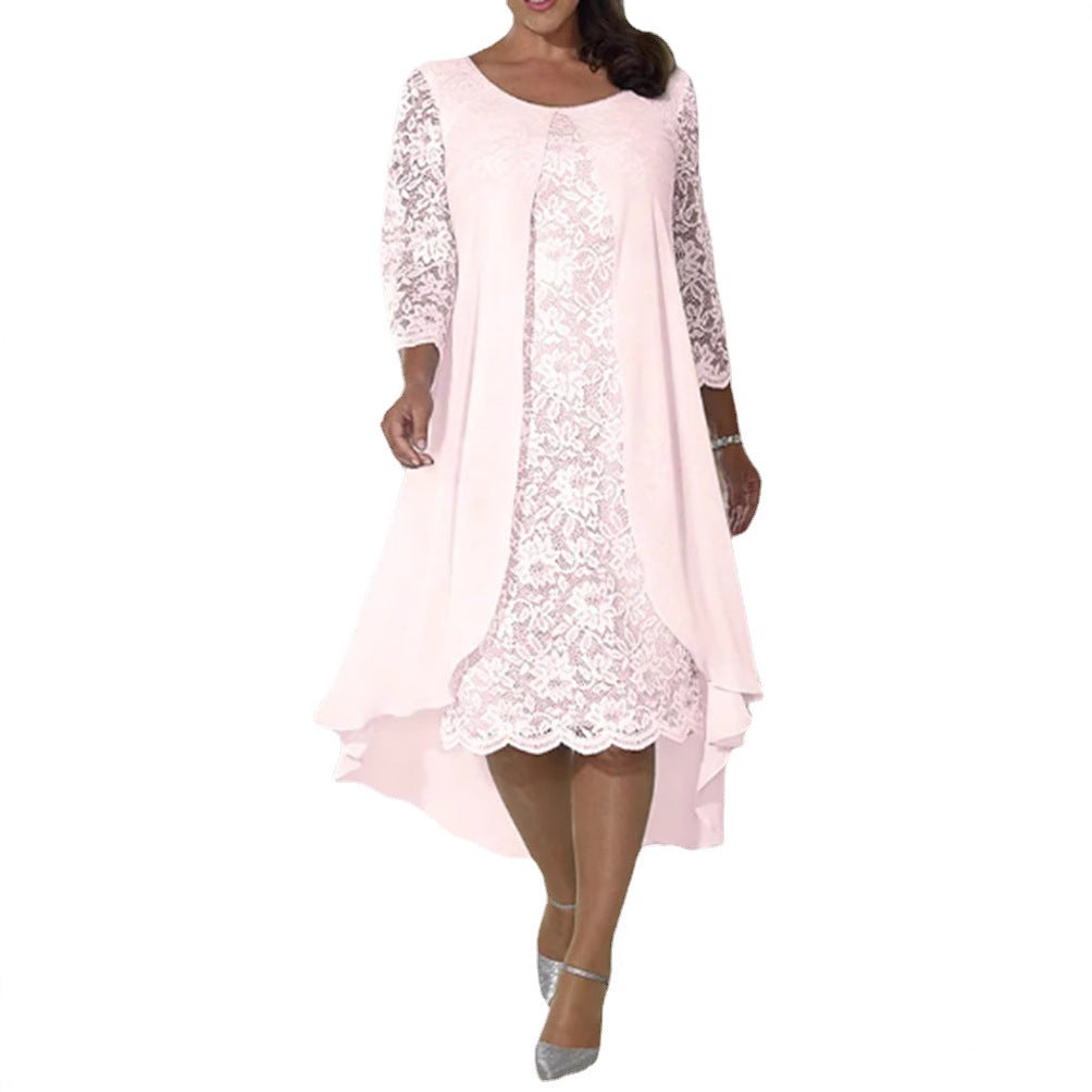 Damen nan elegantes Chiffon-Spitzenkleid mit Vokuhila-Überwurf und dreiviertelärmeln Drune