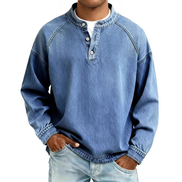 Herren nan verwaschenes Henley-Shirt mit Stehkragen, lockerer Passform und Knopfleiste Drune