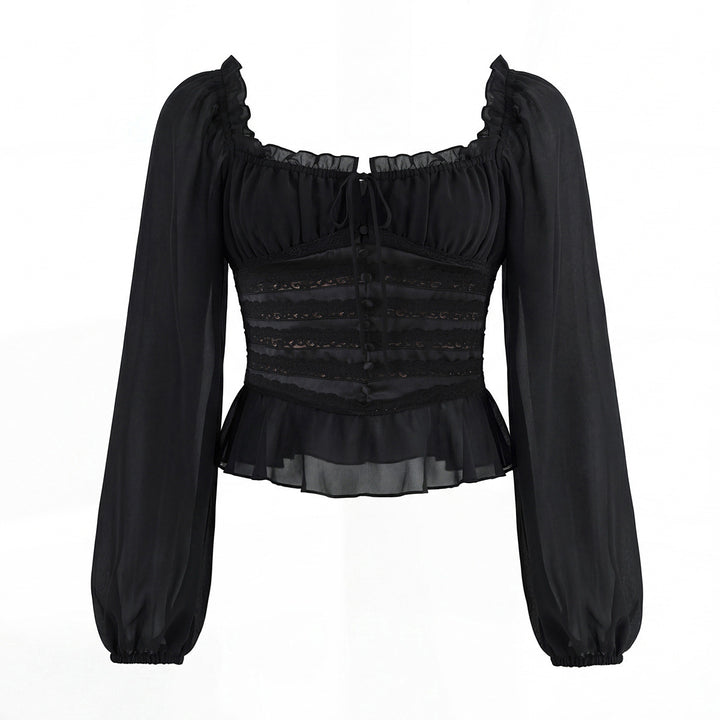 Damen Corsagenbluse mit Spitzen‑Corsage, gerafftem Dekolleté und Volantsaum Drune
