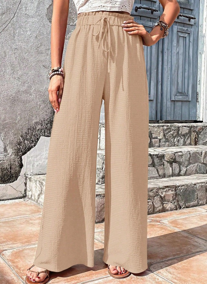 Damen Leichte Palazzo-Loungehose mit strukturierter Crinkle-Optik, hohem Gummibund und Kordelzug Drune
