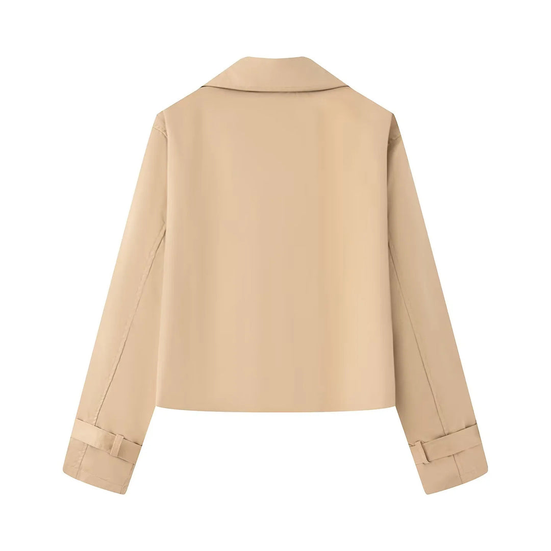 Damen nan kurz geschnittener Cropped Trenchcoat mit doppelreihiger Knopfleiste und verstellbaren Ärmelriemen Drune