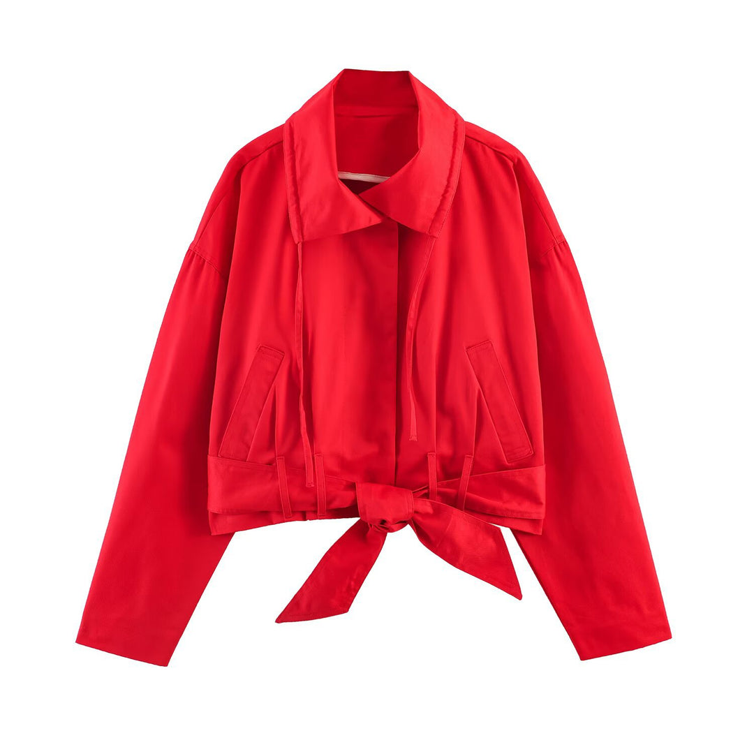 Damen Kurzblouson mit Taillengürtel, großem Hemdkragen und Kordelzug Drune