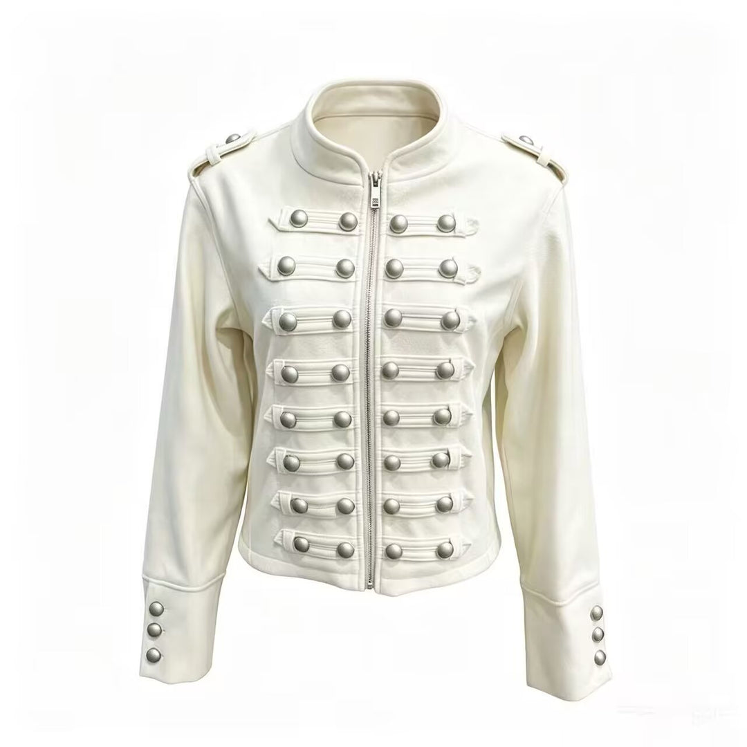 Damen Kurzjacke im Military‑Stil mit Stehkragen, Zierknopfleiste und Schulterklappen Drune