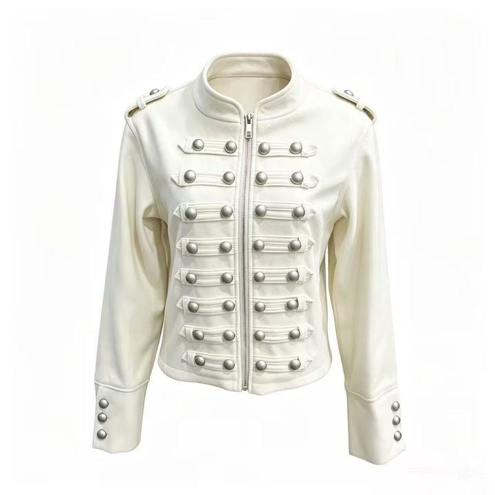 Damen Kurzjacke im Military‑Stil mit Stehkragen, Zierknopfleiste und Schulterklappen Drune