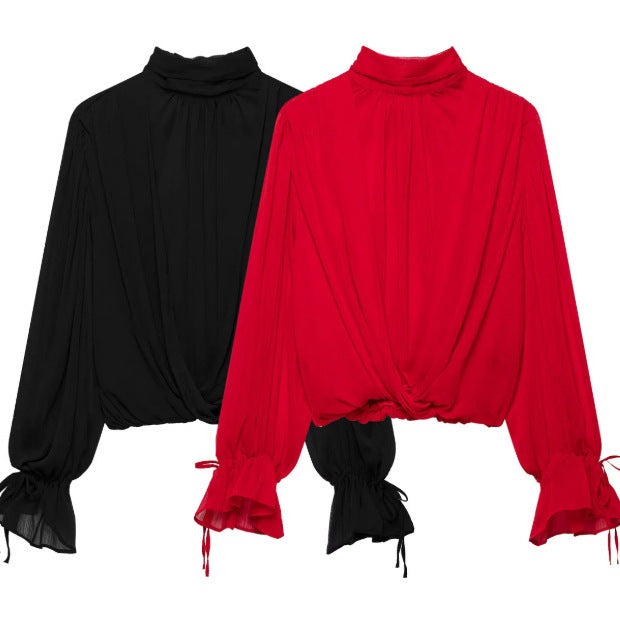 Damen Elegante Chiffon‑Schluppenbluse mit Ballonärmeln und gerafftem Saum Drune