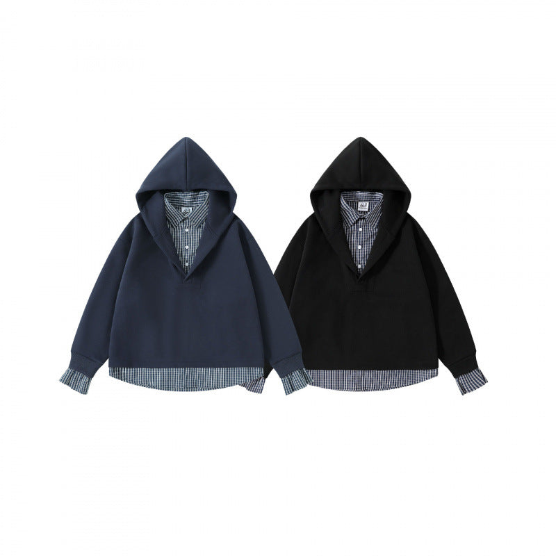 Damen Layering-Hoodie mit eingesetztem Hemdkragen, karierter Saum- und Manschettenoptik Drune