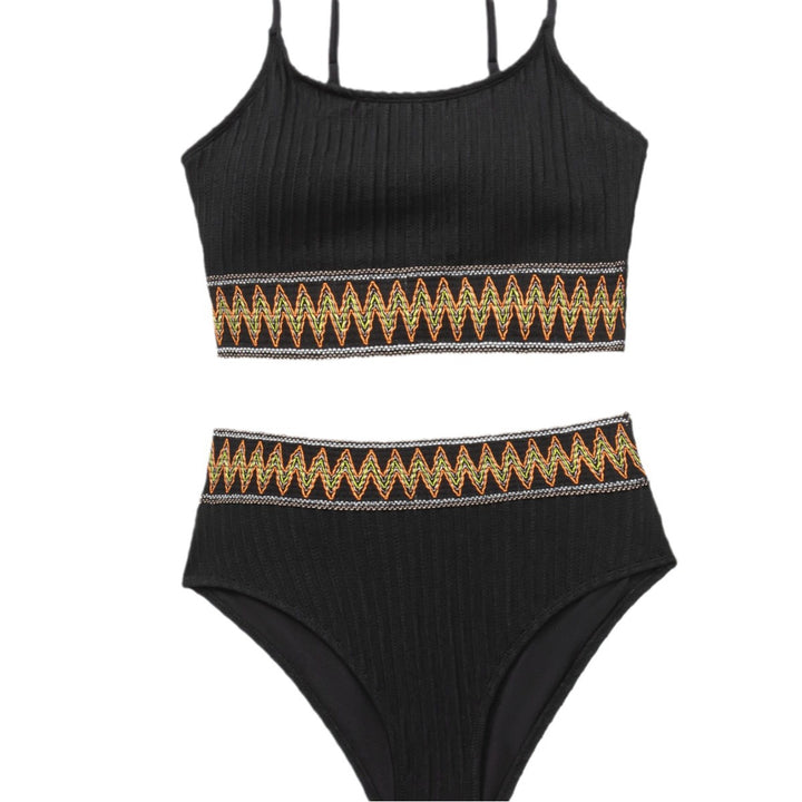 Damen Bikini-Set mit figurbetonendem Rippenmuster und buntem Elastikbund Drune