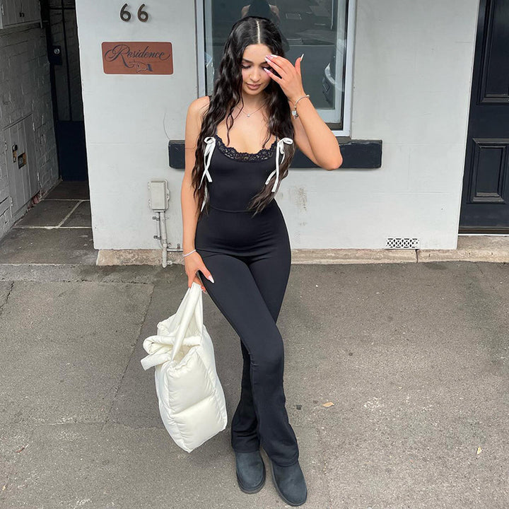 Damen Eleganter Jumpsuit mit Spitze und weitem Beinsaum Drune