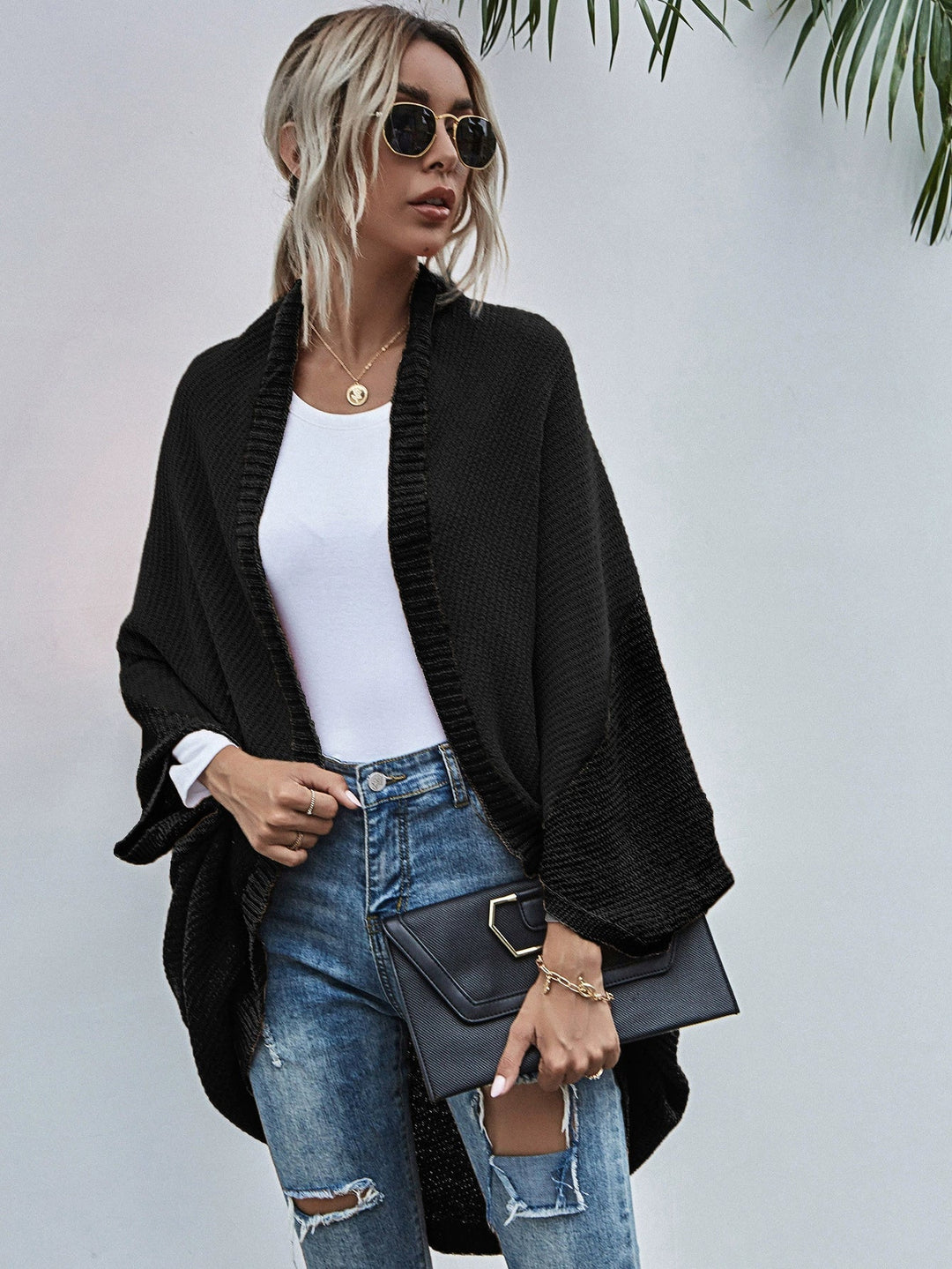 Drune | Strickjacke Oversized Passform Wolle Strick Offen Front Fledermausärmel