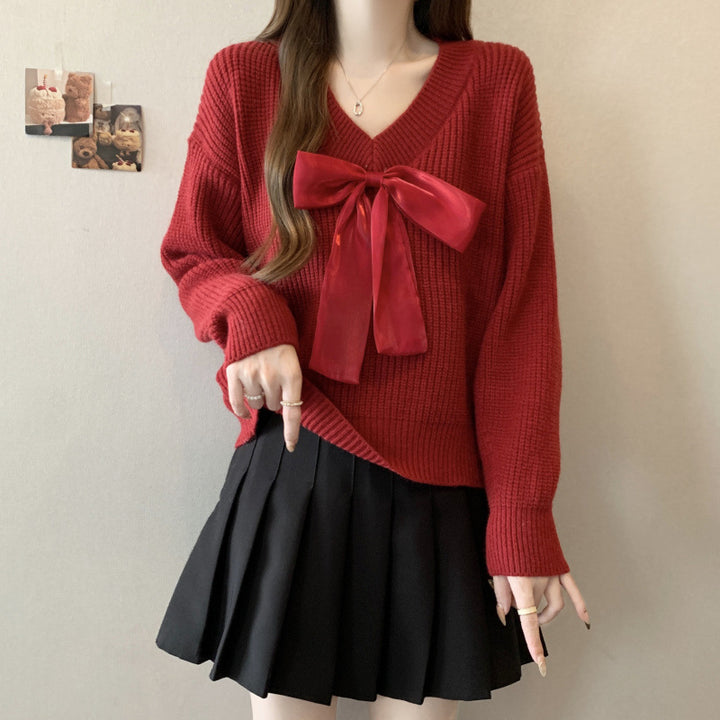 Damen Strickpullover mit V-Ausschnitt und dekorativem Schleifenakzent Drune