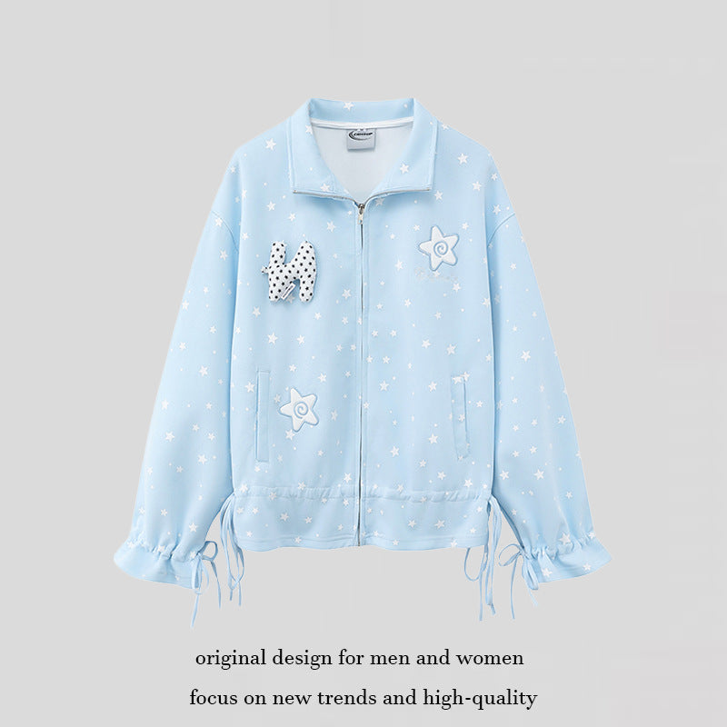 Damen leichte Stehkragen-Sweatjacke mit Sternen-Allover, Applikationen und Kordelzug Drune