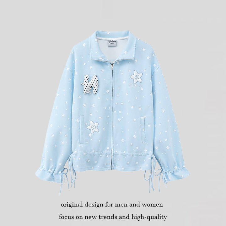 Damen leichte Stehkragen-Sweatjacke mit Sternen-Allover, Applikationen und Kordelzug Drune