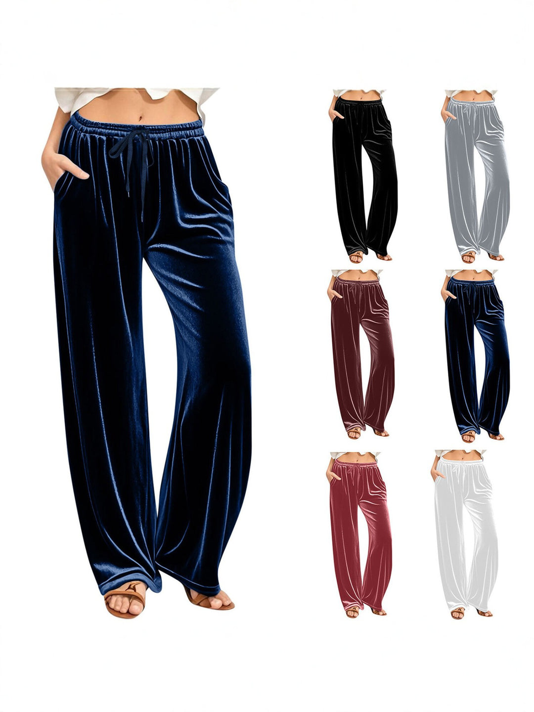 Damen Samt-Loungehose mit weitem Bein, Tunnelzugbund und Eingrifftaschen Drune