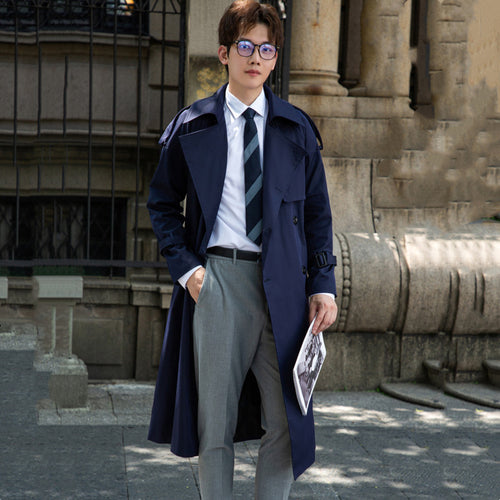 Herren Eleganter langer Trenchcoat mit Bindegürtel und Rückenpasse Drune