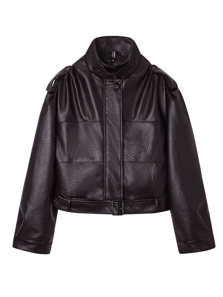 Damen Modische Kunstlederjacke mit Gürtel Drune