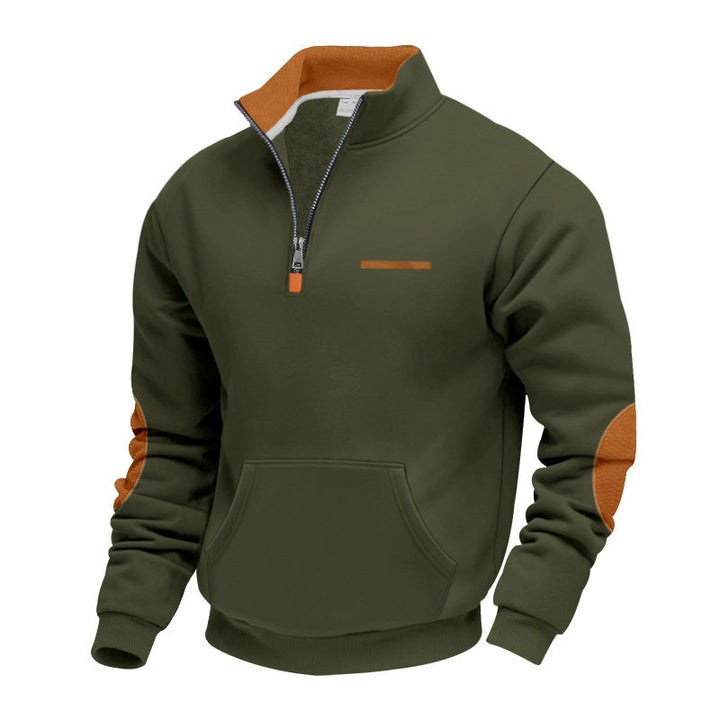 Herren nan Halbzip-Sweatpullover mit Stehkragen, Kängurutasche und Ellenbogenbesatz Drune