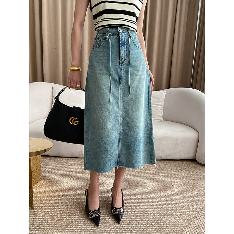 Damen Midi-Jeansrock mit verstellbarem Taillenband und seitlichen Eingrifftaschen Drune
