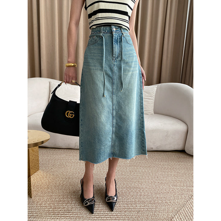 Damen Midi-Jeansrock mit verstellbarem Taillenband und seitlichen Eingrifftaschen Drune