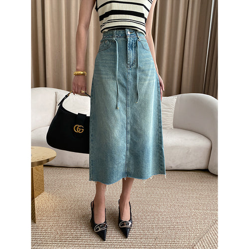 Damen Midi-Jeansrock mit verstellbarem Taillenband und seitlichen Eingrifftaschen Drune