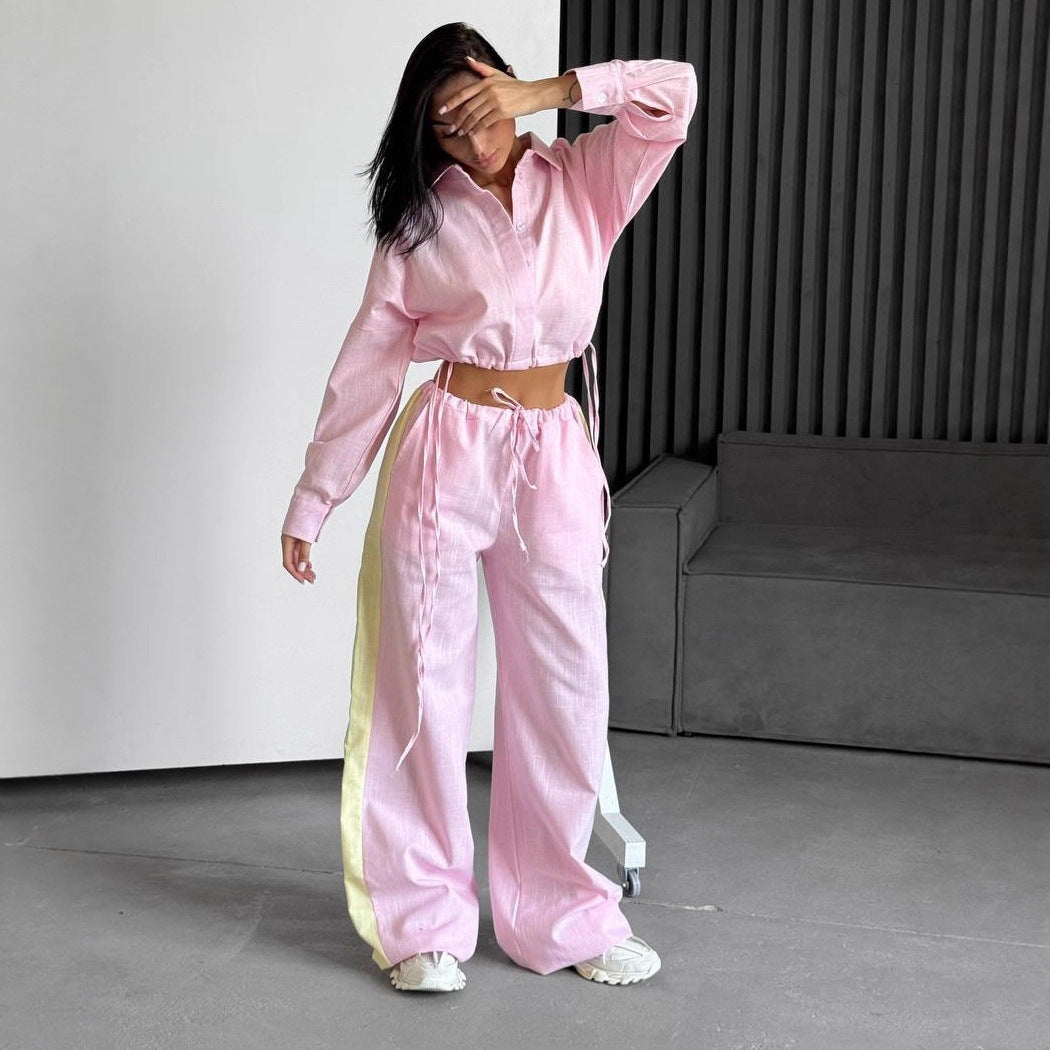 Damen kurzes Hemd mit Kordelzug und weite hochgeschnittene Leinenhose Set Drune