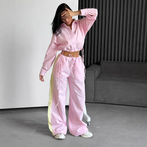 Damen kurzes Hemd mit Kordelzug und weite hochgeschnittene Leinenhose Set Drune
