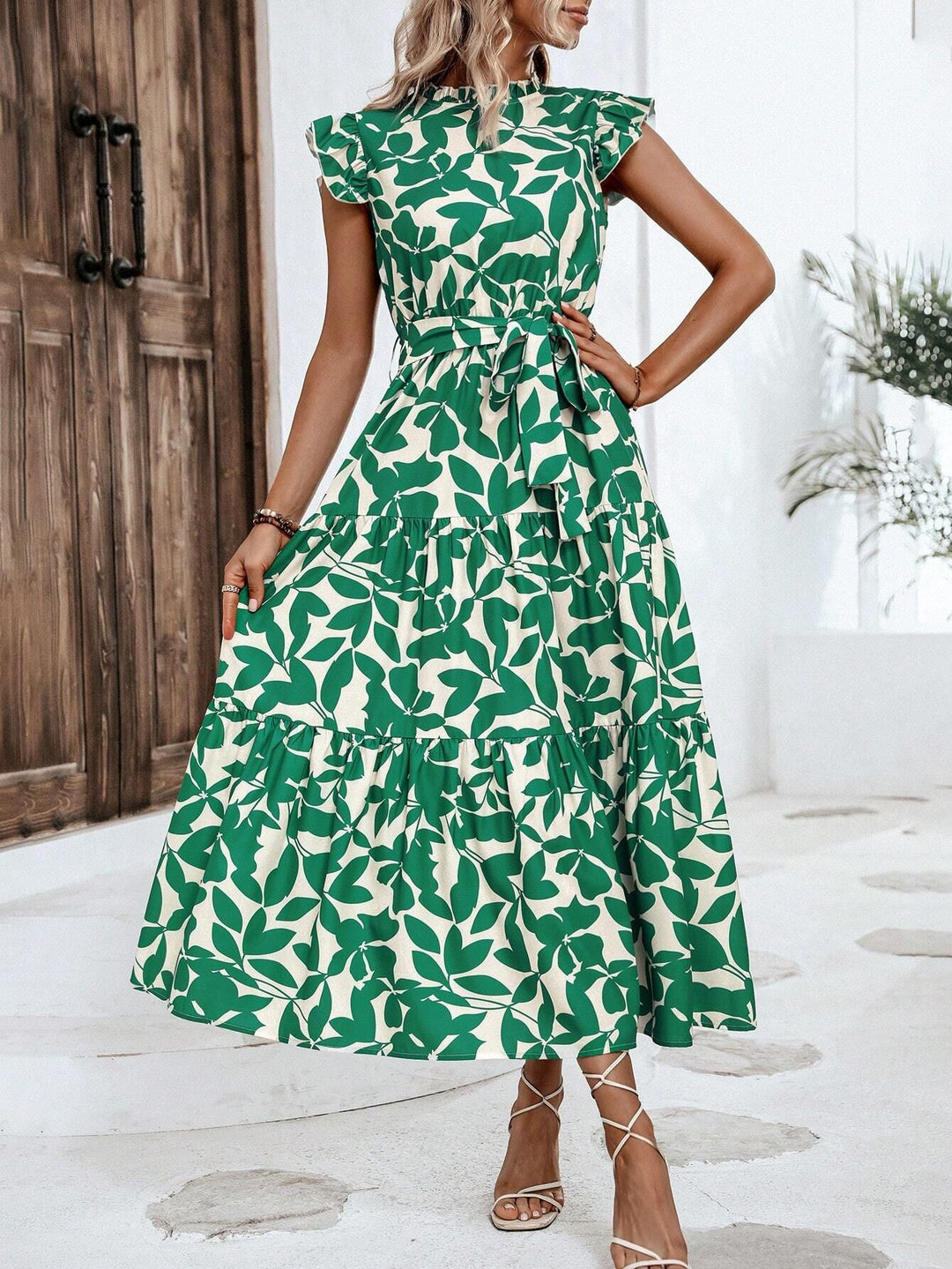 Damen lässiges Midi-Kleid mit Rüschen und floralem Muster Drune