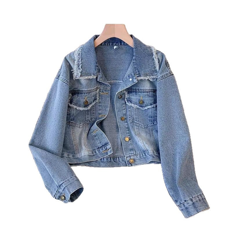 Damen cropped Denimjacke mit Fransen und Knopfdetails Drune