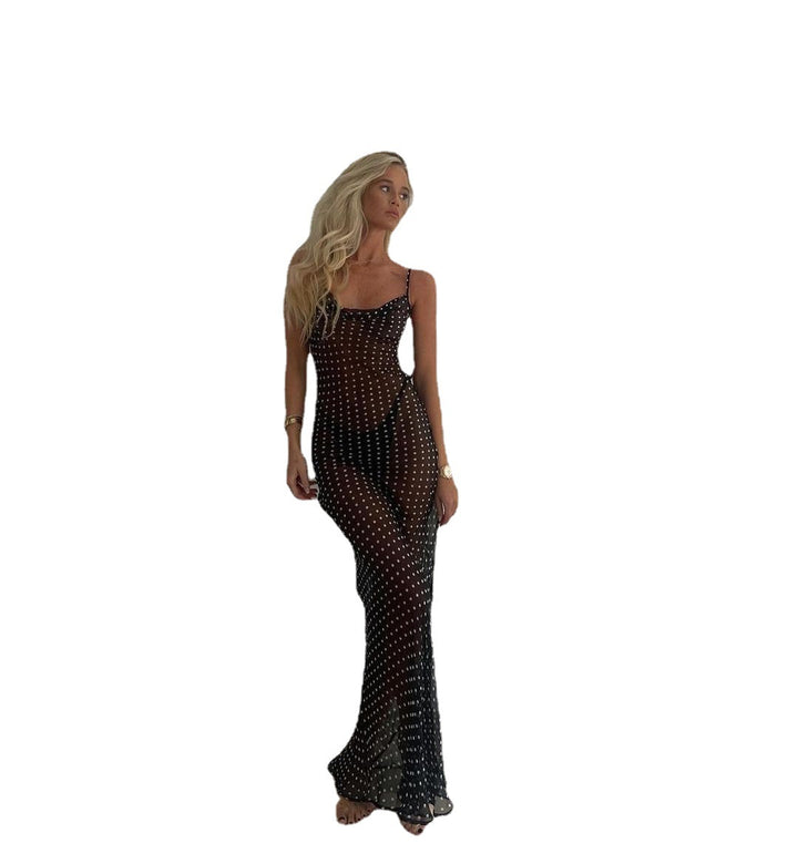 Damen transparenter Maxi-Kleid mit gepunktetem Design und verführerischen Rüschendetails Drune