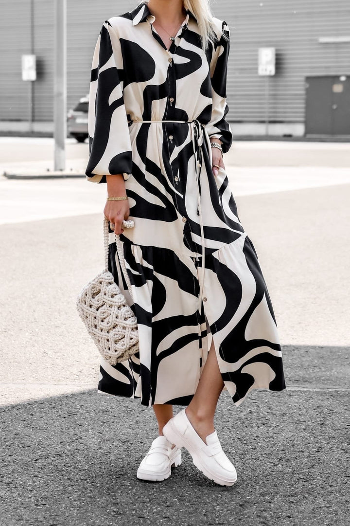Damen Maxikleid mit modernem Muster und praktischem Taillengürtel Drune
