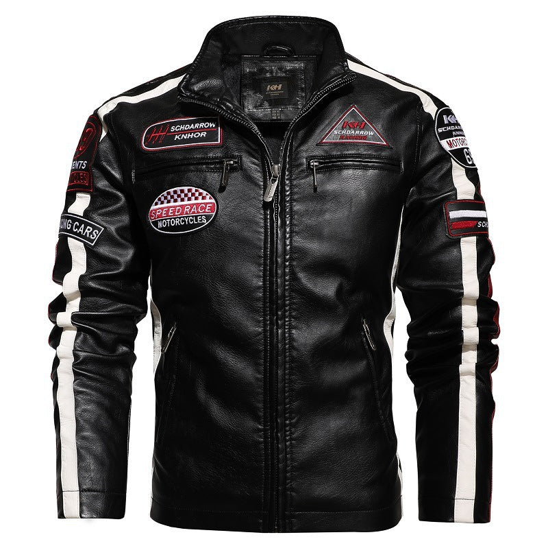 Herren Racing-Style Kunstlederjacke mit Aufnähern, Kontraststreifen und Stehkragen Drune