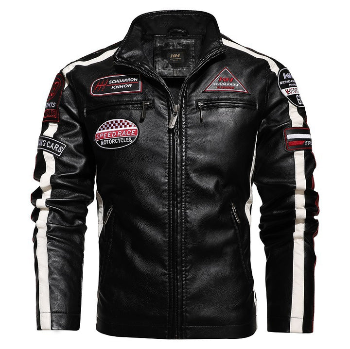 Herren Racing-Style Kunstlederjacke mit Aufnähern, Kontraststreifen und Stehkragen Drune