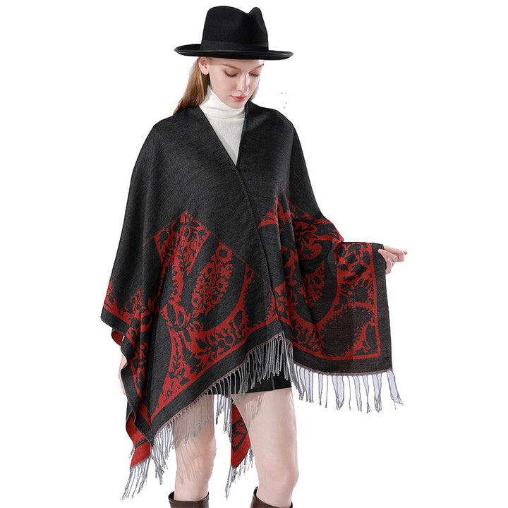 Damen Wendbarer Feinstrick-Poncho mit Jacquardmuster und Fransensaum Drune