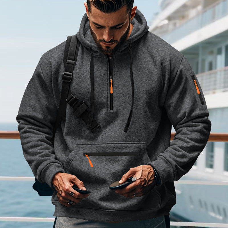 Herren nan technischer Halbzip-Outdoor-Hoodie mit verdeckter Kängurutasche, Reißverschluss-Ärmeltasche und integriertem Kabelkanal Drune
