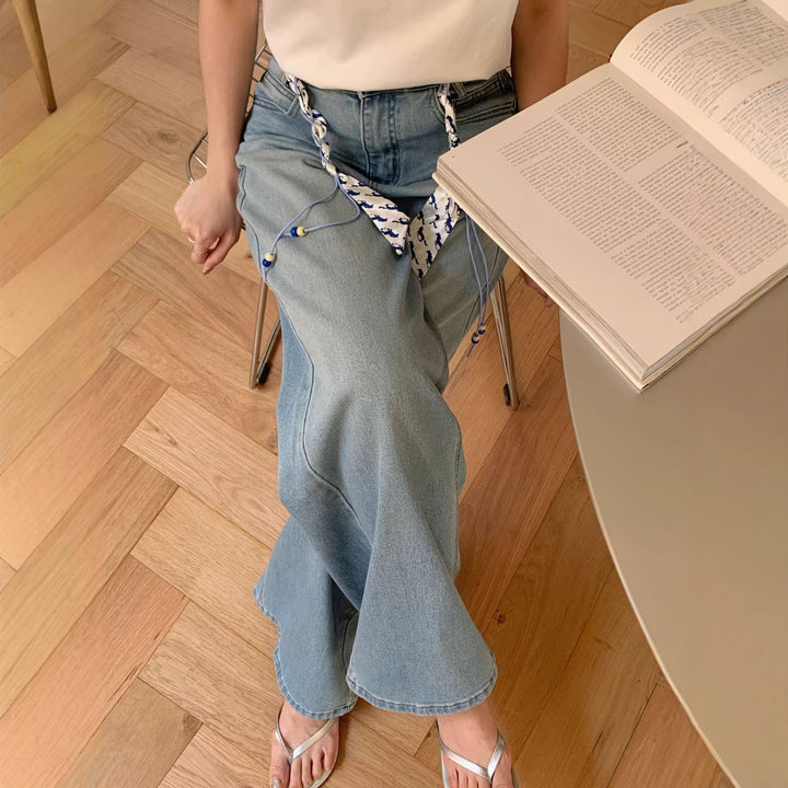 Damen Weite Jeanshose mit dekorativem Gürtel Drune
