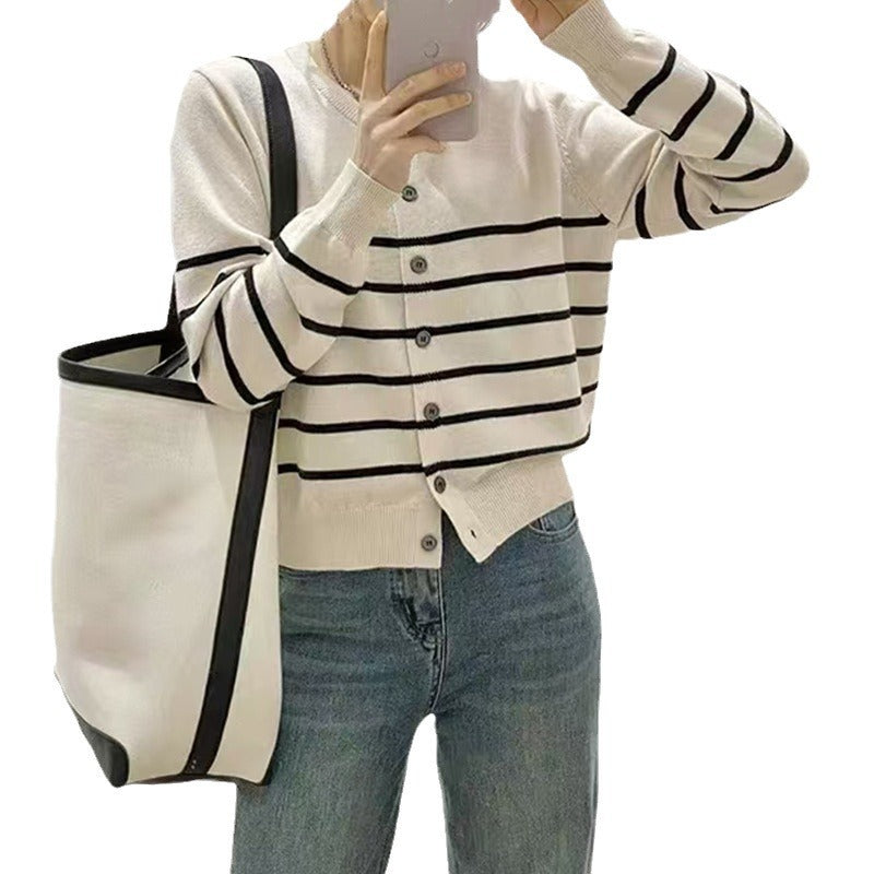 Damen lässiger Strickcardigan mit klassischen Streifen und Knopfdetails Drune