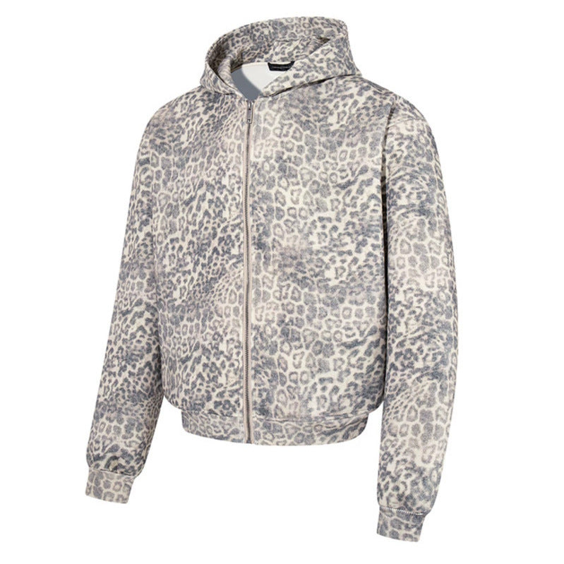 Damen Zip-Hoodie im soften Velours mit allover-Leo-Jacquard Drune