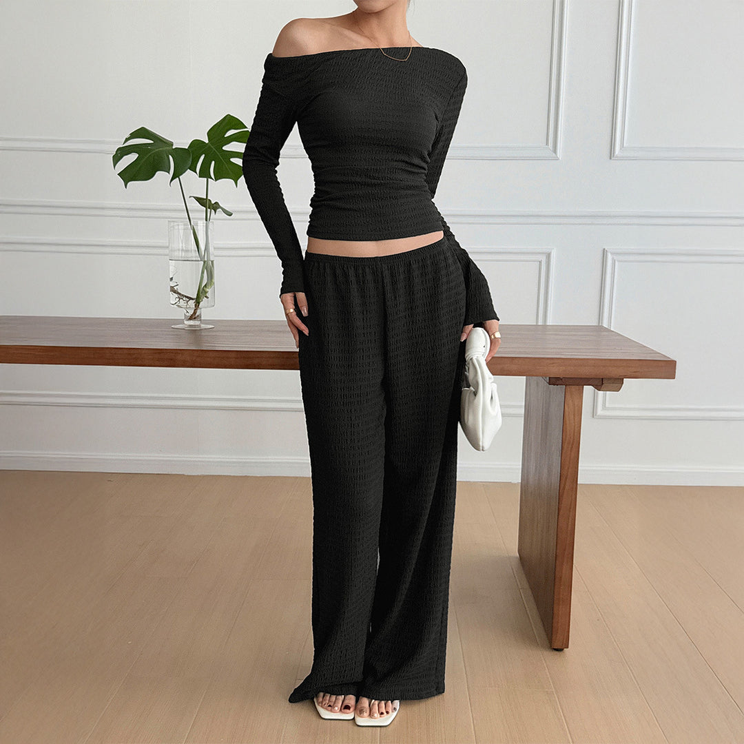 Damen nan legeres Crinkle-Lounge-Set mit Off-Shoulder Crop-Top und weiten High-Waist Palazzohose Drune