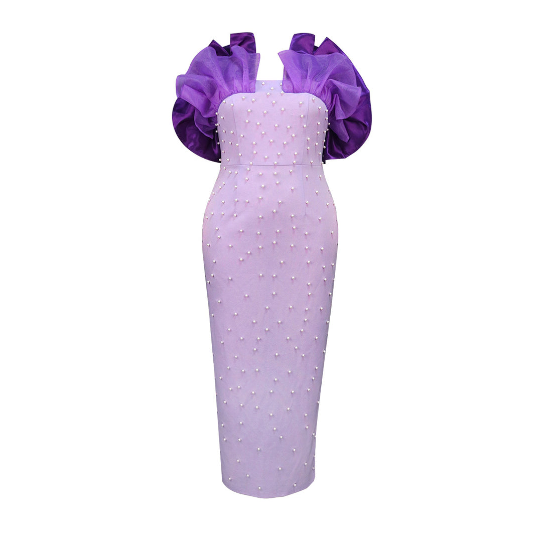 Damen Figurbetontes Abendkleid mit dramatischen Puffärmeln und Perlenakzenten Drune