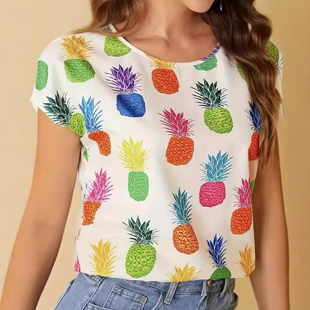 Damen Kurzarm T-Shirt mit lebhaftem Ananasdruck Drune