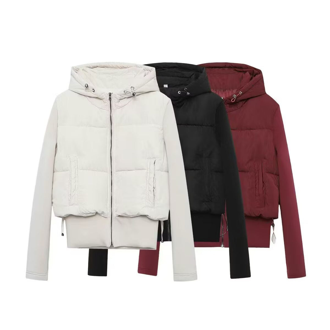 Damen Kurz geschnittene Hybrid-Steppjacke mit Kapuze, Taillenzug und elastischen Ärmeln Drune