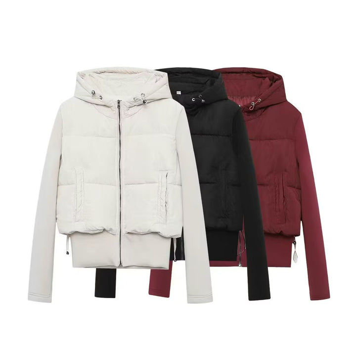 Damen Kurz geschnittene Hybrid-Steppjacke mit Kapuze, Taillenzug und elastischen Ärmeln Drune