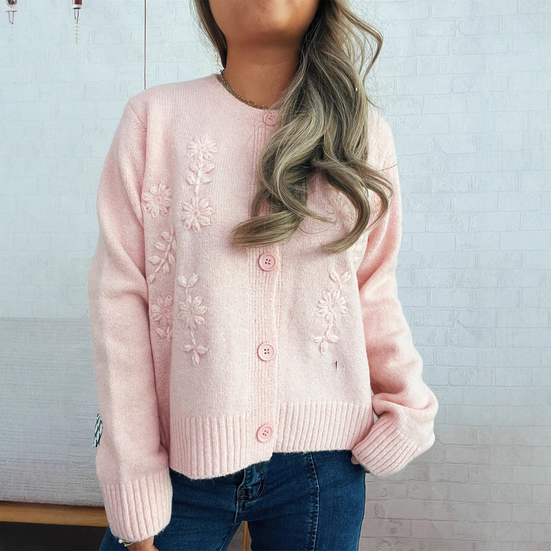 Damen lockerer Strickcardigan mit floralen Applikationen und Knopfdetails Drune