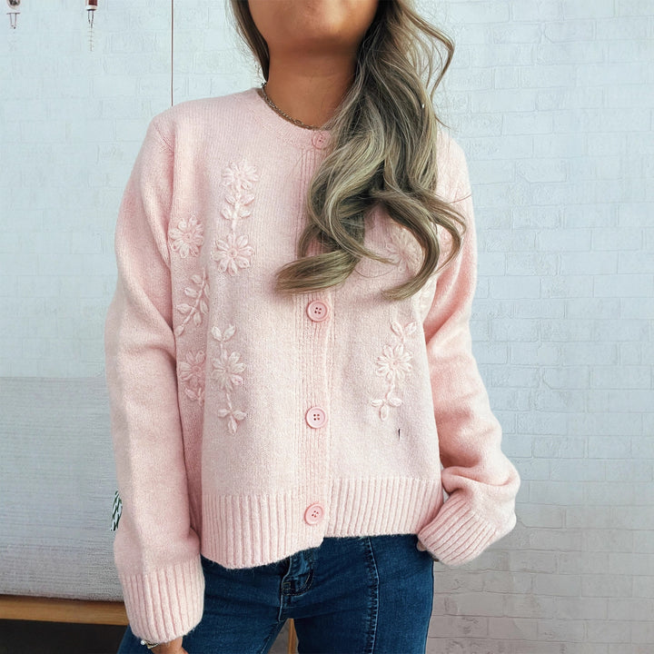 Damen lockerer Strickcardigan mit floralen Applikationen und Knopfdetails Drune