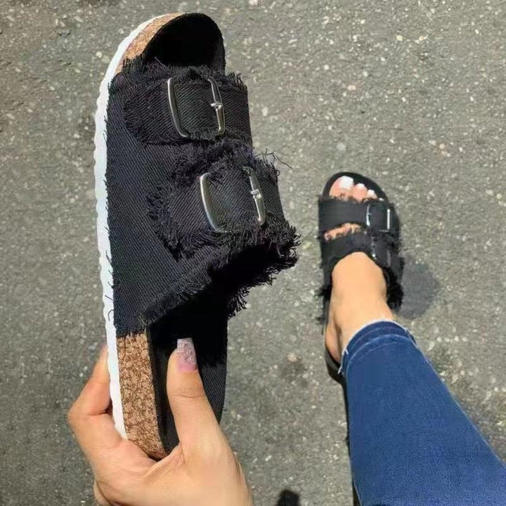 Damen Pantoletten mit modischem Denim-Design und verstellbaren Riemen Drune