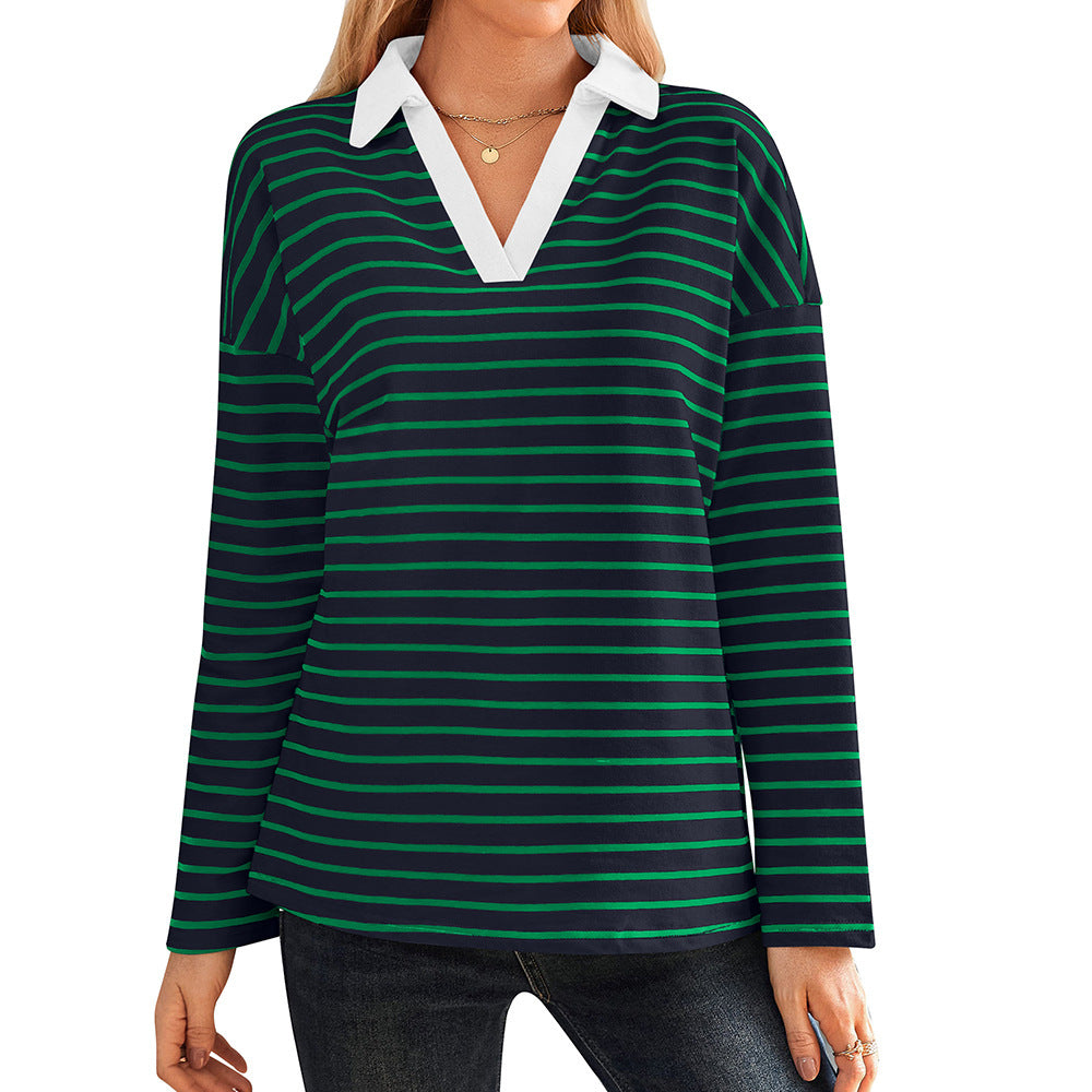 Damen gestreiftes Polo-Shirt mit V-Ausschnitt und kontrastierendem Kragen Drune